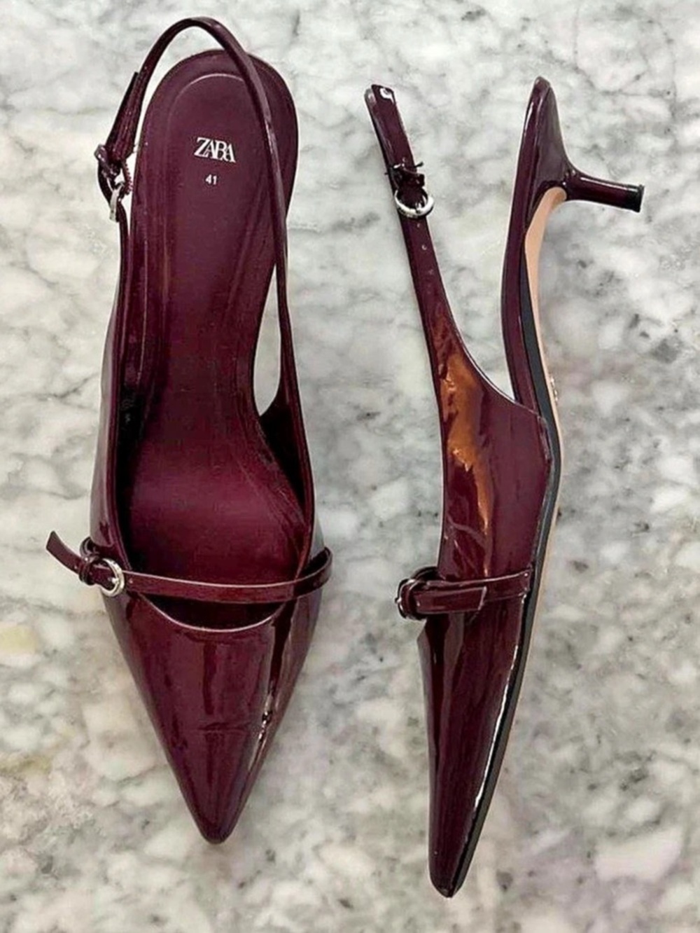 ZARA Bow Slingback Shoes Pointed Toe Heels Burgundy 41